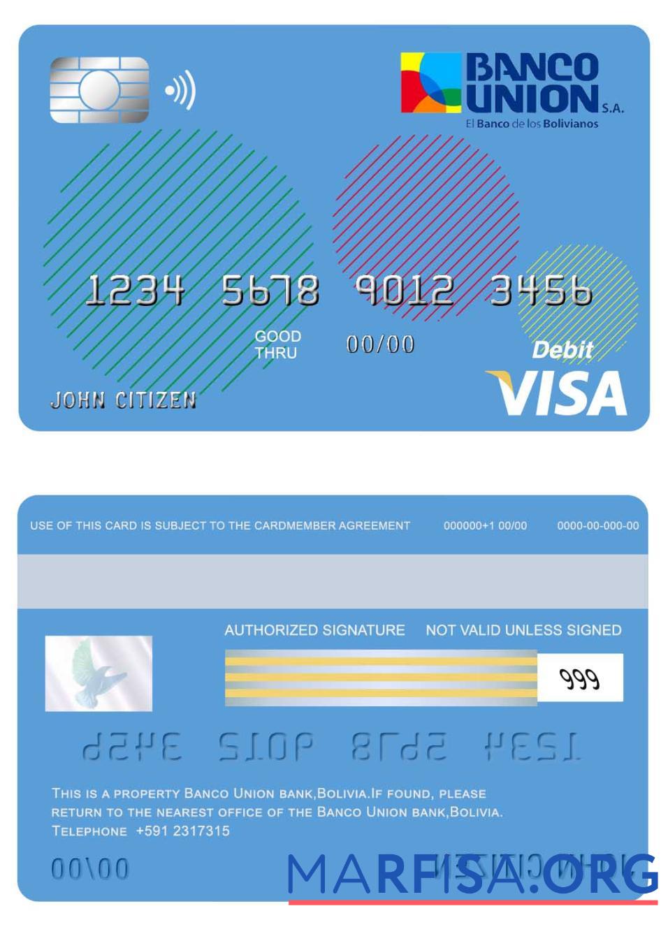 Realistic Bolivia Banco Union bank visa card template